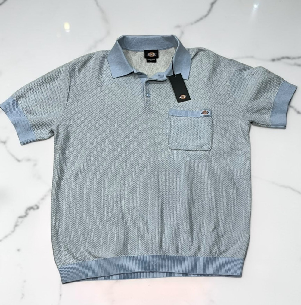 Dickies Men's Small Blue Textured Knit Polo Shirt Short Sleeve Pocket NWT